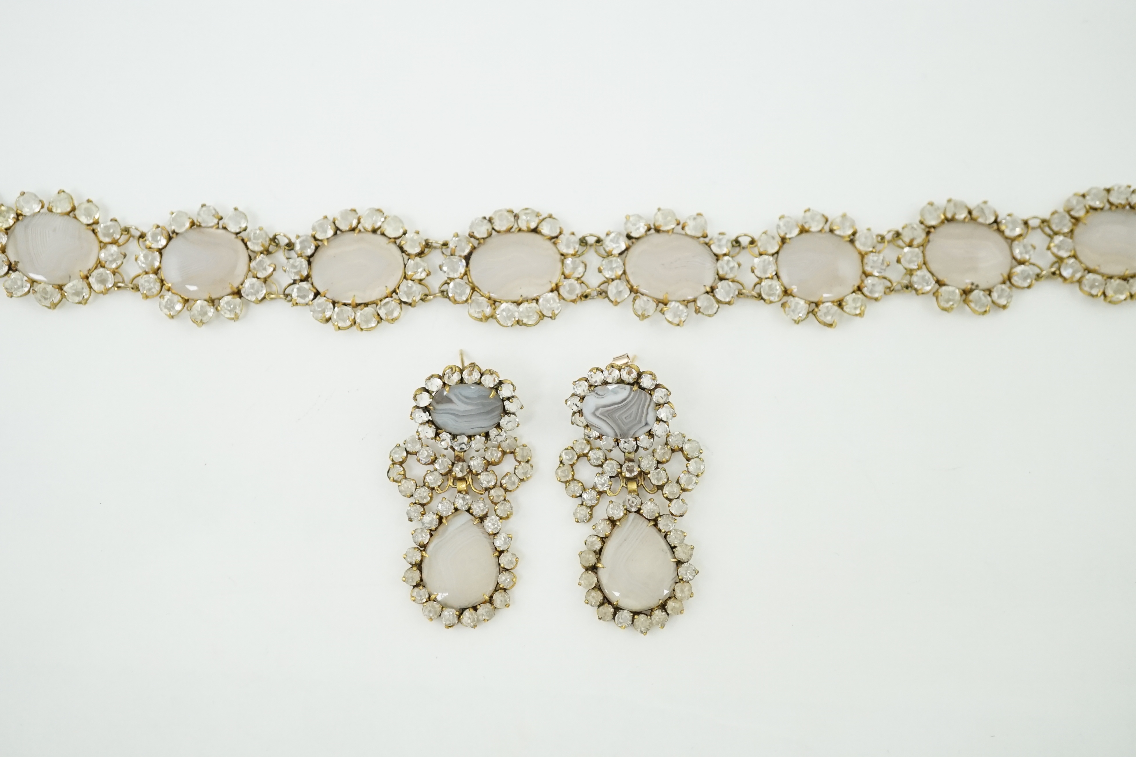 A good late 18th/early 19th century gilt metal mounted banded agate and white paste cluster necklace and pair of matching drop earrings